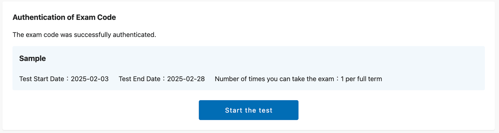 Entering and Authenticating the Test Code